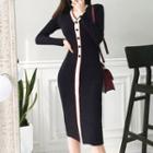 V-neck Contrast Trim Long-sleeve Knit Sheath Dress Black - One Size