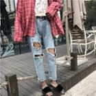 Distressed Loose-fit High-waisted Cropped Jeans