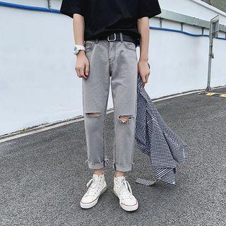Frayed Hem Straight Fit Ripped Jeans