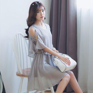 Mock Two-piece Frill Short-sleeve Off-shoulder Plain Dress