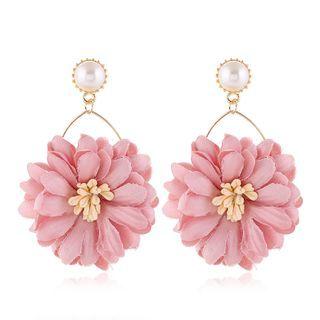 Faux Pearl Fabric Flower Dangle Earring