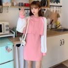 Two-tone Hooded Long-sleeve Cropped T-shirt / Plain Sleeveless T-shirt Dress