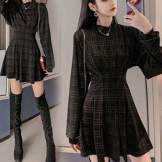 Mock Neck Plaid Long-sleeve Mini Skirt