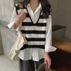 Striped Knit Vest / Plain T-shirt / Plain Blouse