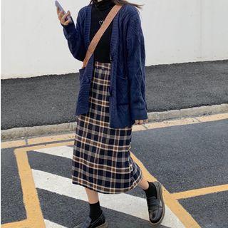 Set : Open-front Cardigan + Plaid Midi Skirt