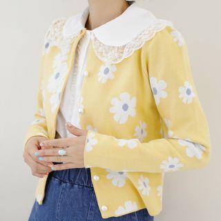 Flower-pattern Faux-pearl Button Cardigan