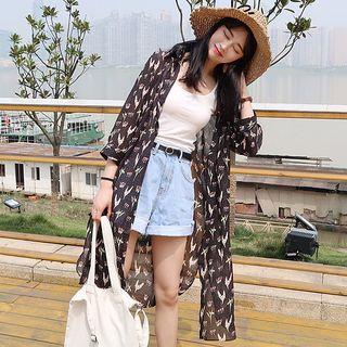 Printed 3/4 Sleeve Longline Chiffon Jacket