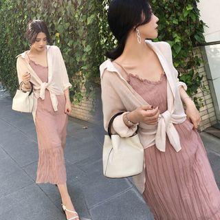 Set: Crinkled Strappy Midi Dress + Light Jacket