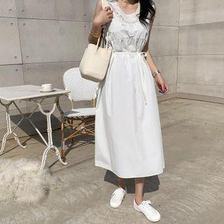 Sleeveless Lace-trim Dress With Sash Ivory - One Size