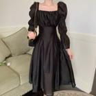 Puff-sleeve Square-neck Cutout-back Ruched A-line Dress