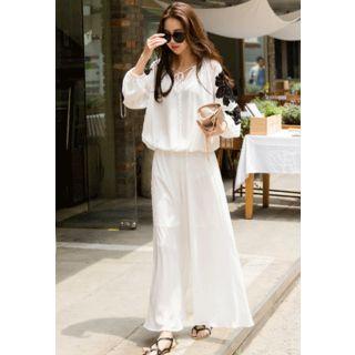 Set: Mesh-sleeve Tie-front Top + Band-waist Flare Skirt