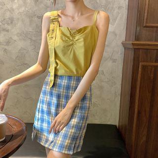 Plain Camisole / Plaid Mini Straight-fit Skirt