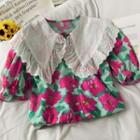 Lace-collar Puff-sleeve Floral Crop Shirt