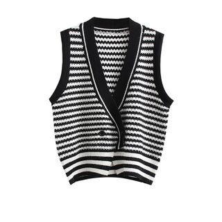 Striped Button-up Sweater Vest Stripes - Black & White - One Size
