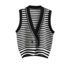 Striped Button-up Sweater Vest Stripes - Black & White - One Size