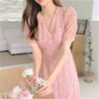 V-neck Floral A-line Chiffon Midi Dress