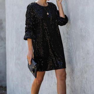 Balloon Sleeve Open-back Sequined Dress