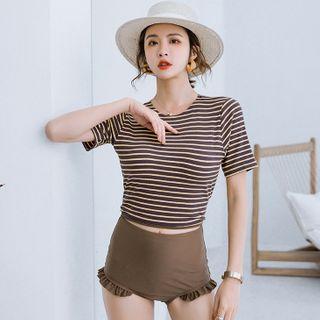 Set: Short-sleeve Striped Swim Top + Swim Bottom