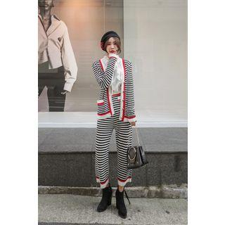 Set: V-neck Striped Cardigan + Band-waist Pants