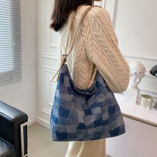 Checker Print Denim Tote Bag
