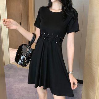 Short-sleeve Lace-up Waist A-line Mini T-shirt Dress