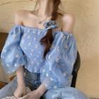 Flower Embroidered Off-shoulder Blouse Blue - One Size