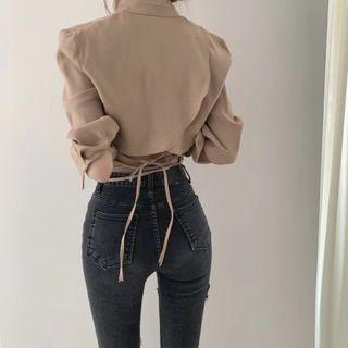 Long-sleeve Open Back Drawstring Shirt