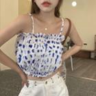 Printed Crop Camisole Top White & Blue - One Size