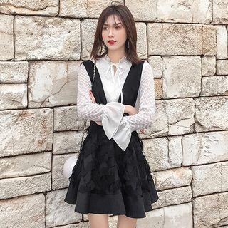 Set: Ruffle Trim Blouse + Suspender A-line Dress