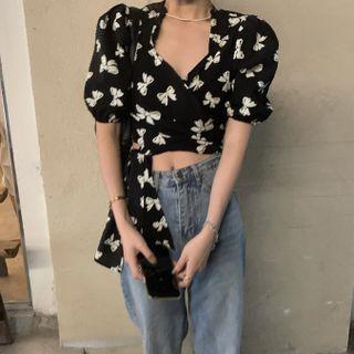 Puff-sleeve Bow Printed Lace-up Chiffon Cropped Top
