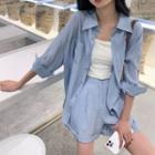 Long-sleeve Plain Shirt + High-waist Plain Shorts