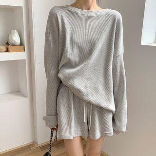 Plain Long-sleeve Sweatshirt / High-waist Drawstring Shorts