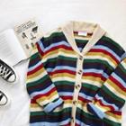 Color-block Striped V-neck Long-sleeve Sweater Almond - One Size