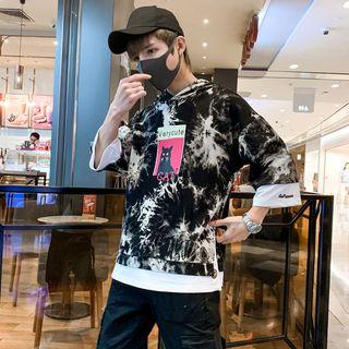 3/4-sleeve Cat Print Tie Dye Hoodie