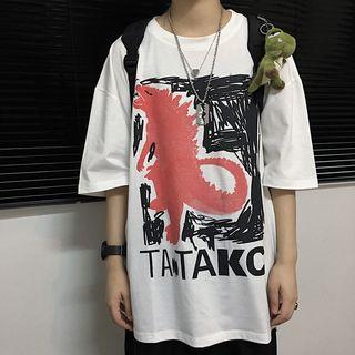 Elbow-sleeve Graffiti Print T-shirt White - One Size