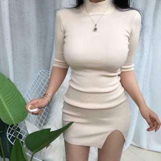 Elbow-sleeve Mock Neck Knit Mini Bodycon Dress