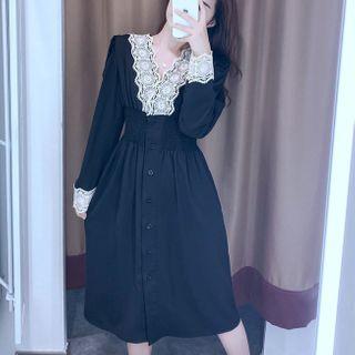 Long-sleeve Lace Detail A-line Dress