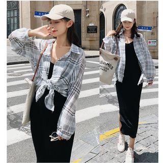 Set: Plaid Shirt + Sleeveless Side-slit Bodycon Dress