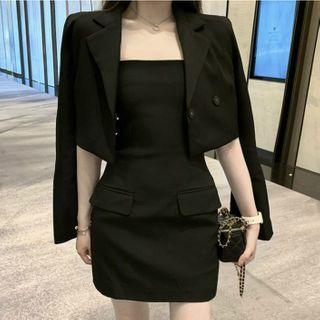 Cropped Blazer / Strapless Mini Sheath Dress