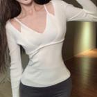 Mock Two-piece Long-sleeve V-neck Plain Knit Top