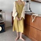 Long-sleeve Plain Blouse / Spaghetti Strap Midi A-line Dress