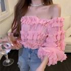 Off-shoulder Ruffled Blouse Pink - One Size