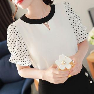 Faux-pearl Dotted-panel Chiffon Blouse