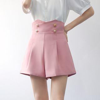 Puff-sleeve V-neck Blouse / Double-breasted Shorts