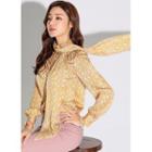 Frill-trim Chain-patterned Blouse With Scarf Yellow - One Size