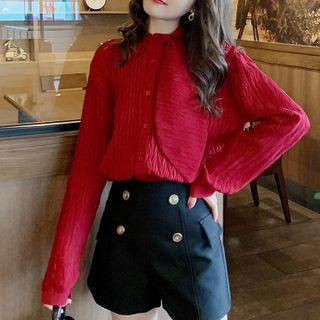 Long-sleeve Tie-neck Blouse Red - One Size