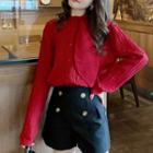 Long-sleeve Tie-neck Blouse Red - One Size