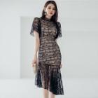 Short-sleeve Lace Asymmetrical Sheath Dress