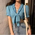 Bow Ruffle-sleeve Cropped Top Blue - One Size