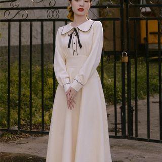 Long-sleeve Contrast Trim Sailor-collar Midi Dress